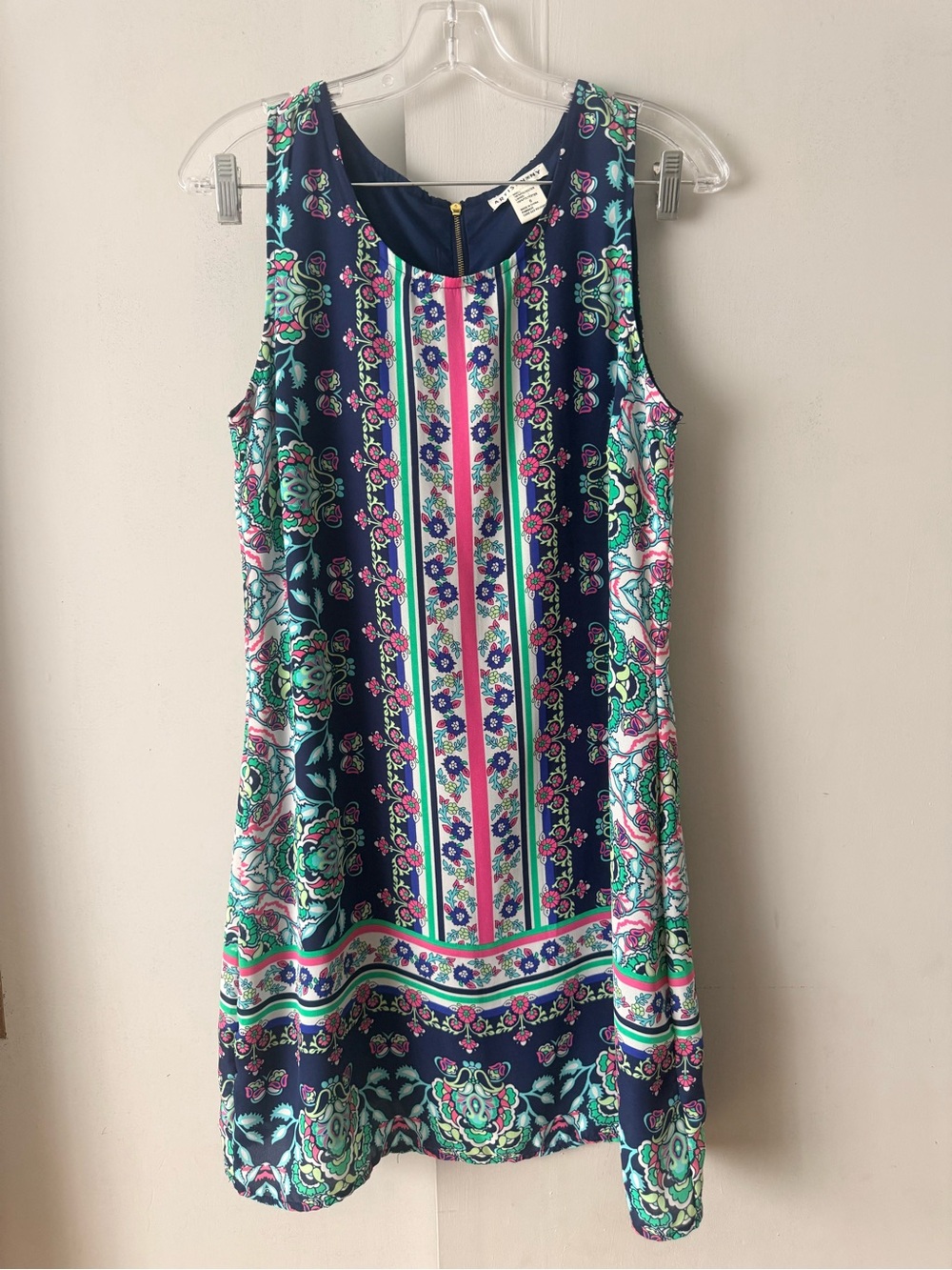 Artisan Ny Navy Floral Border Print Mini Dress with Pink & Mint